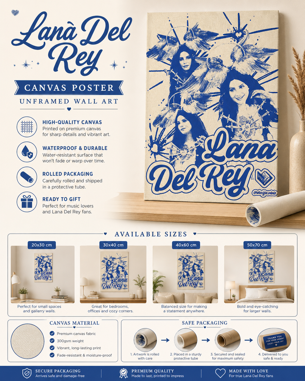 Lana Del Rey Blue Bird Collage Wall Art | Retro Indie Canvas  for Aesthetic Room Decor album cover poster print wall art decor
