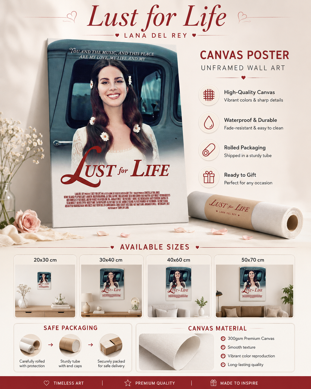 Lana Del Rey Lust For Life Wall Art | 2017   with Floral Accents for Music Fans album cover poster print wall art decor