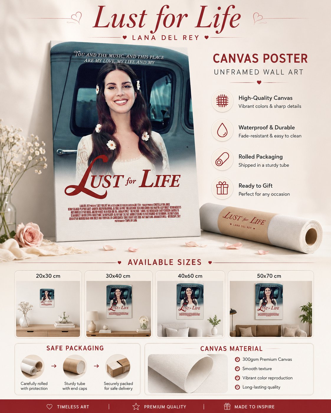 Lana Del Rey Lust For Life  | 2017   with Floral Accents for Music Fans album cover poster print wall art decor