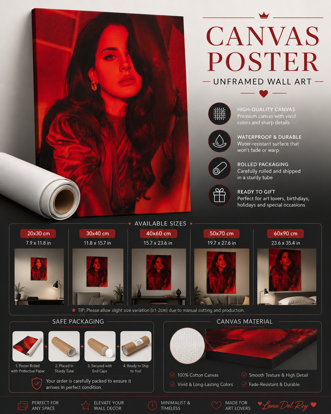 Lana Del Rey Red Toned Portrait  | Moody Vintage Canvas  for Aesthetic Bedroom Decor album cover poster print wall art decor