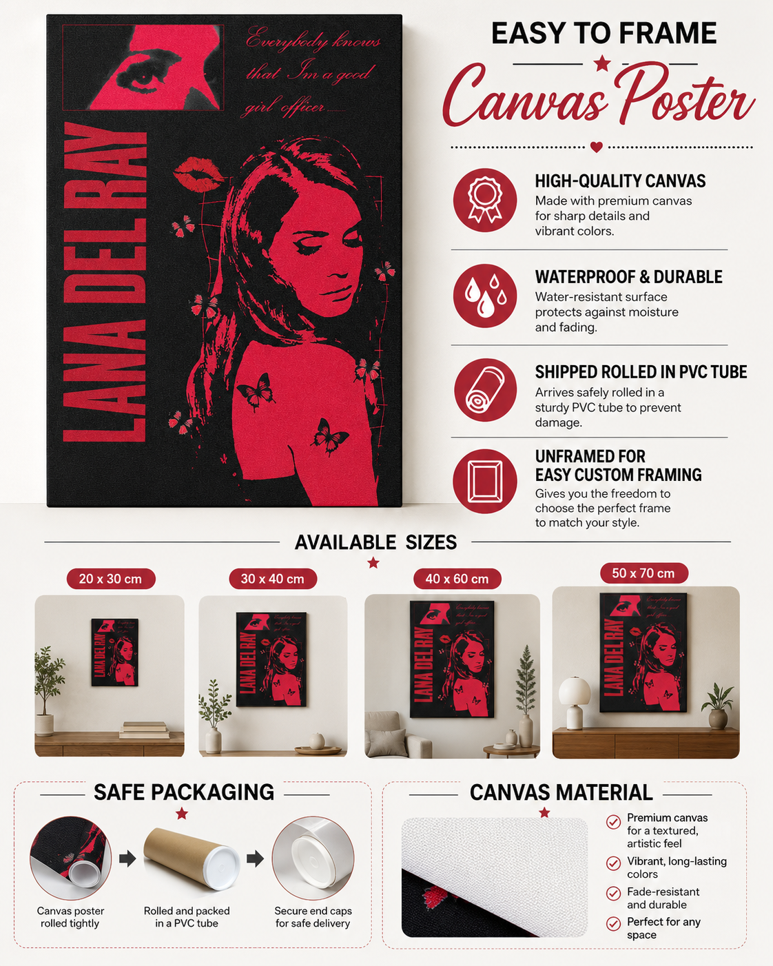 Lana Del Rey Red Butterfly Stencil  | Punk Rock Canvas  for Edgy Room Decor album cover poster print wall art decor