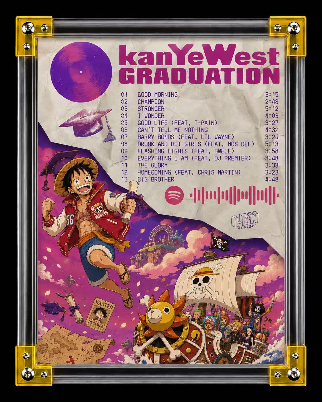 Kanye West Graduation One Piece Inspired Tracklist | Unframed Anime album cover poster print wall art decor