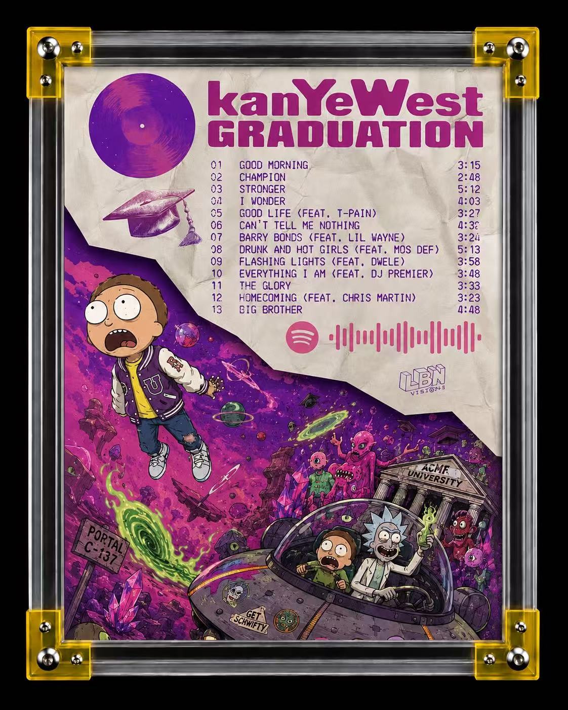 Kanye West Graduation Rick and Morty Inspired Tracklist | Unframed Sci-Fi album cover poster print wall art decor