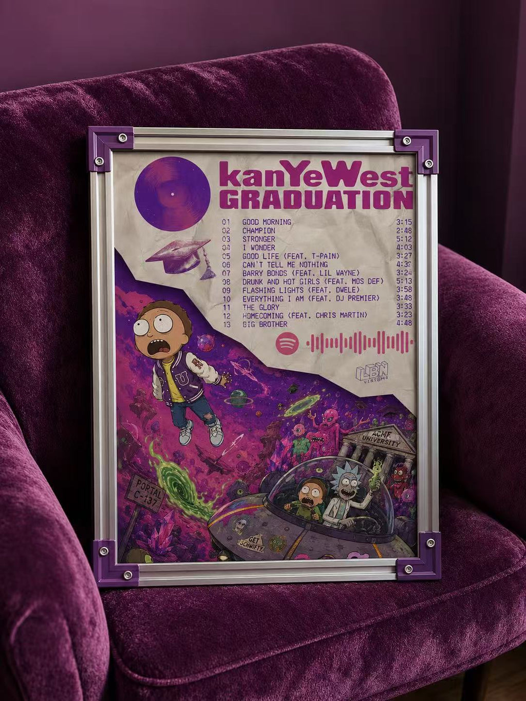Kanye West Graduation Rick and Morty Inspired Tracklist  | Unframed Sci-Fi Wall Art album cover poster print wall art decor