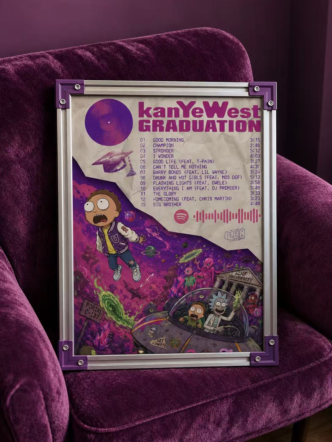 Kanye West Graduation Rick and Morty Inspired Tracklist | Unframed Sci-Fi album cover poster print wall art decor