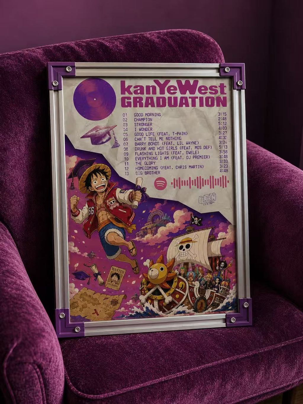Kanye West Graduation One Piece Inspired Tracklist  | Unframed Anime Wall Art album cover poster print wall art decor