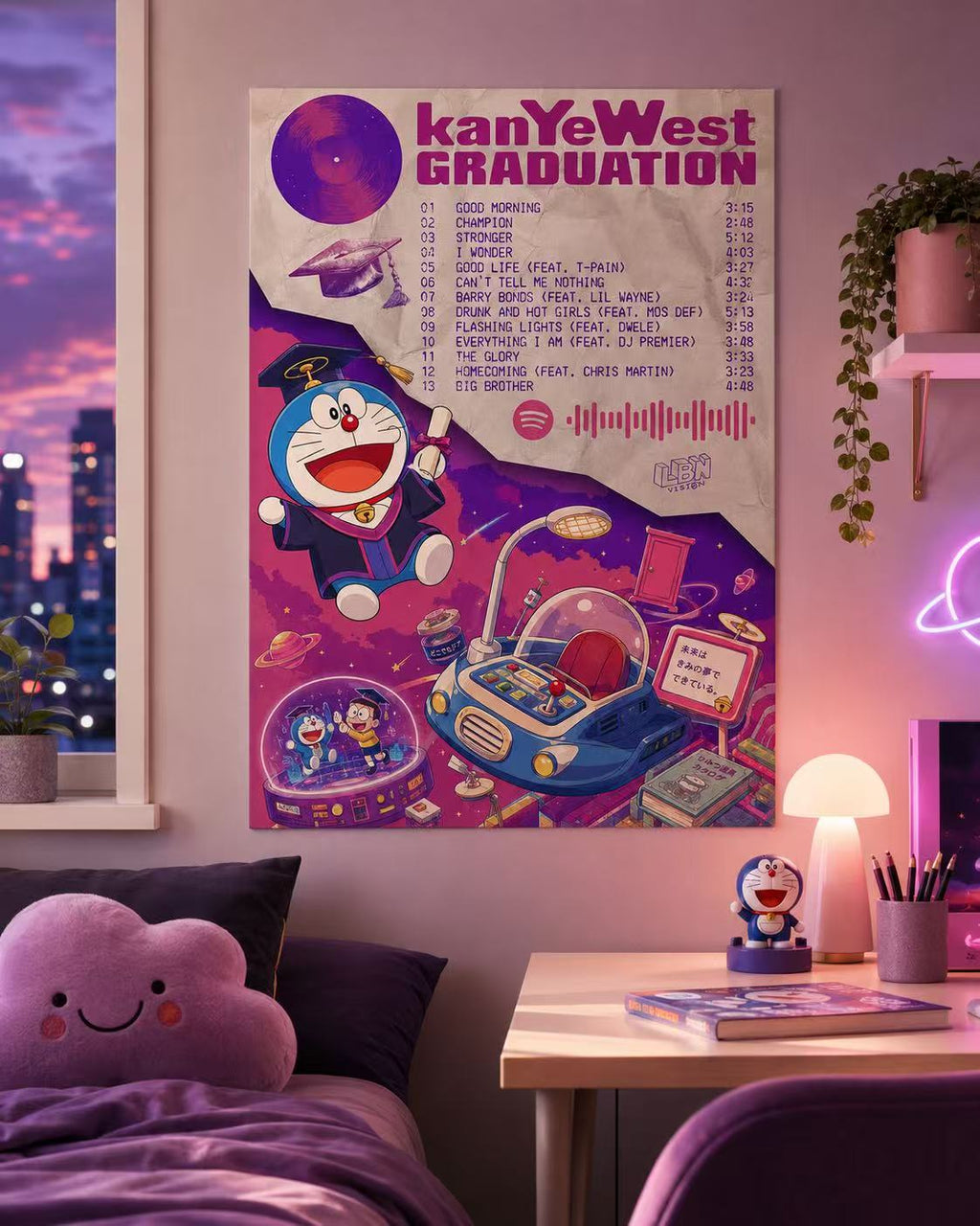 Kanye West Graduation Doraemon Inspired Tracklist  | Unframed Bedroom Wall Art album cover poster print wall art decor