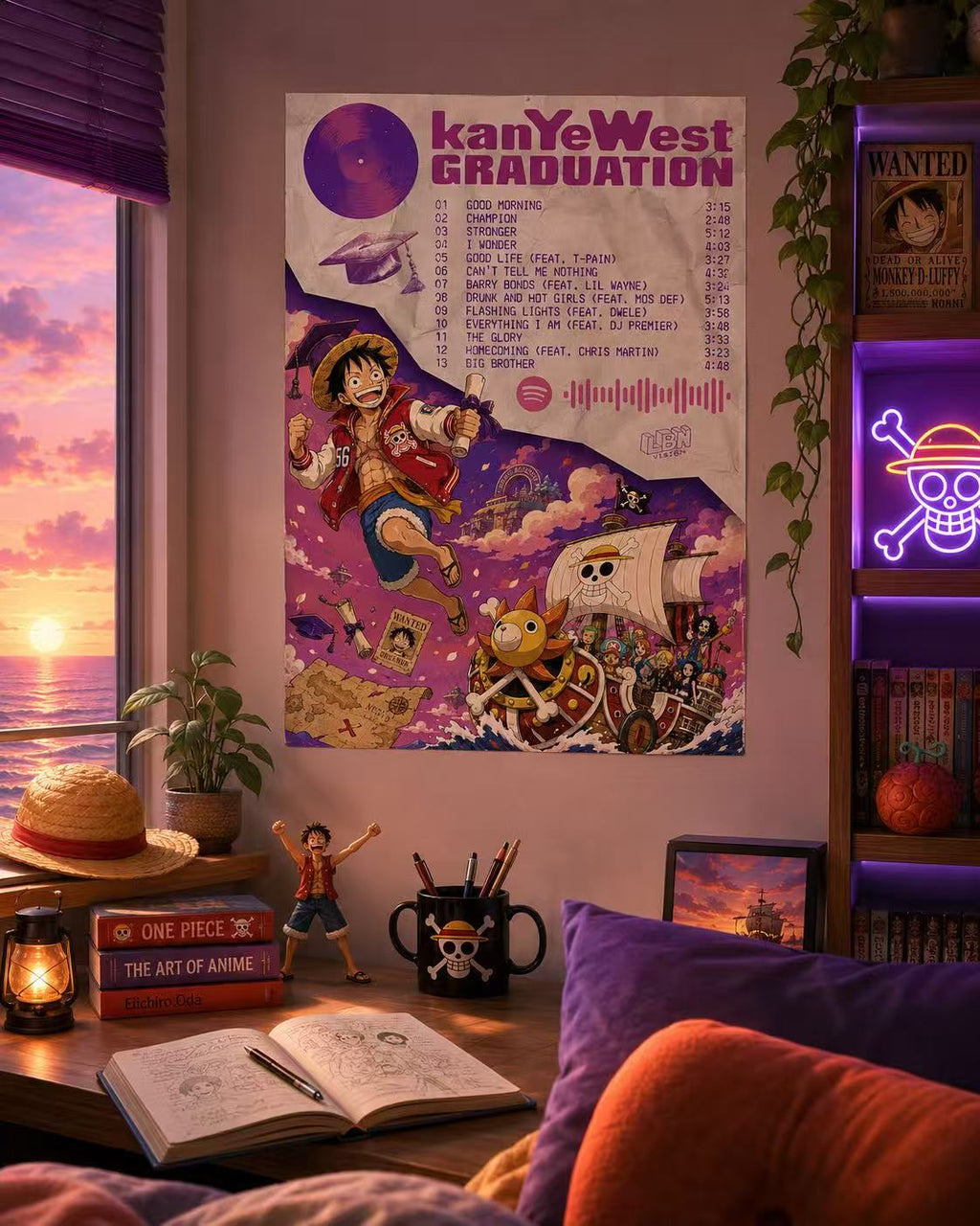 Kanye West Graduation One Piece Inspired Tracklist  | Unframed Anime Wall Art album cover poster print wall art decor