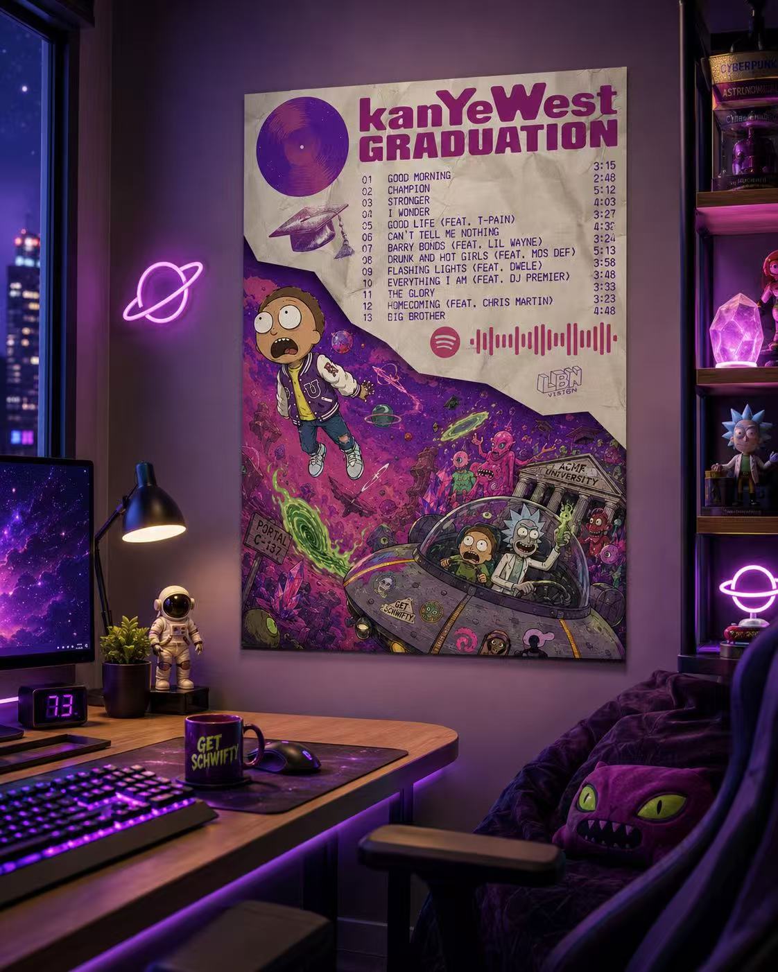 Kanye West Graduation Rick and Morty Inspired Tracklist | Unframed Sci-Fi album cover poster print wall art decor