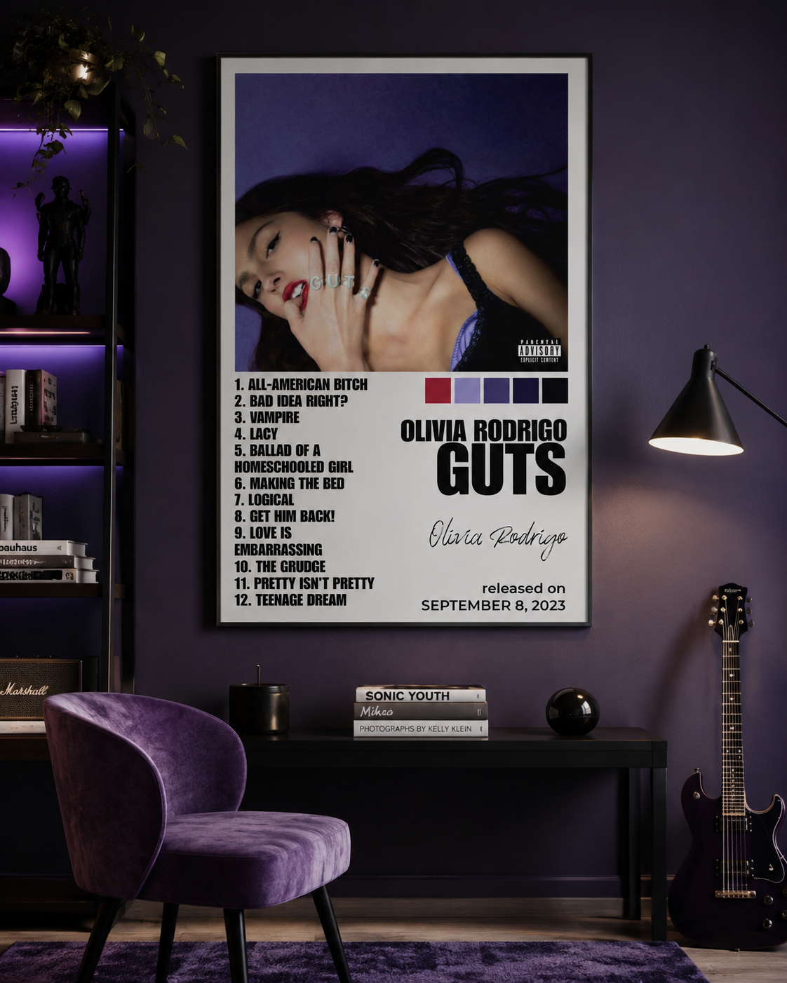 Olivia Rodrigo GUTS Tracklist | Unframed Bedroom album cover poster print wall art decor