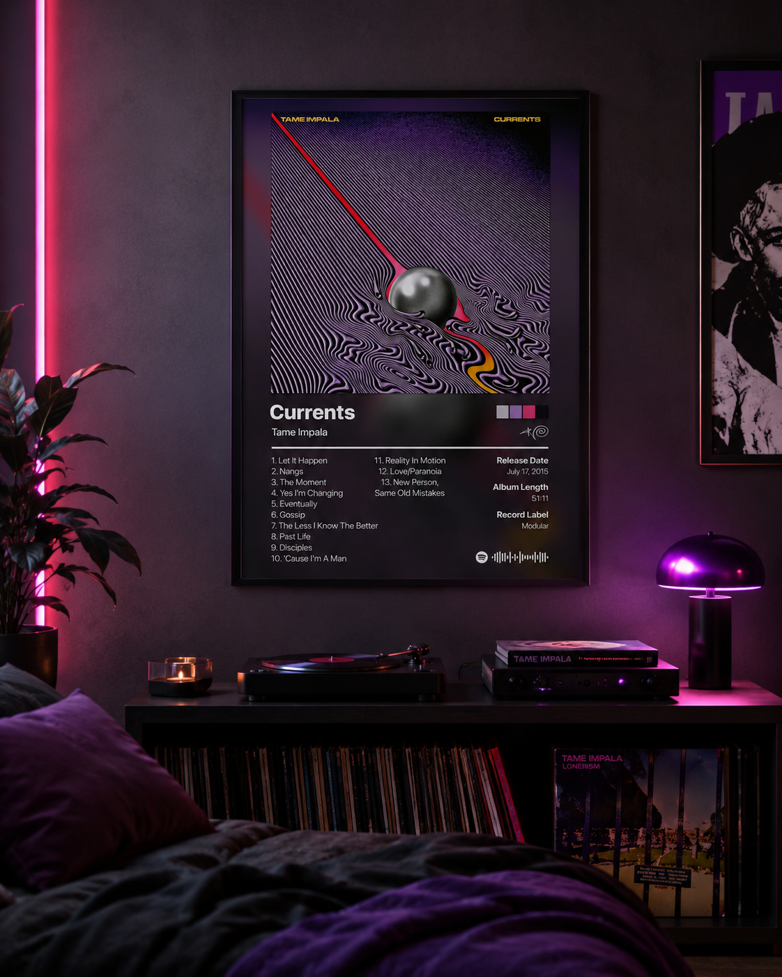 Tame Impala Currents Tracklist Poster | Unframed Bedroom Wall Art
