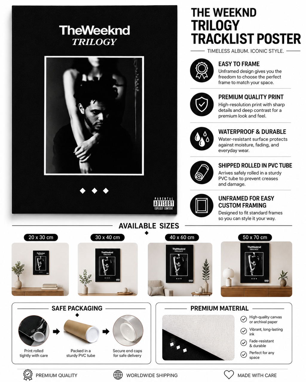 The Weeknd Trilogy Wall Art Print - Premium Canvas , Music  Decor album cover poster print wall art decor