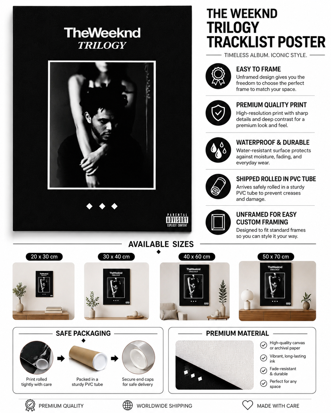 The Weeknd Trilogy  - Premium Canvas , Music  Decor album cover poster print wall art decor