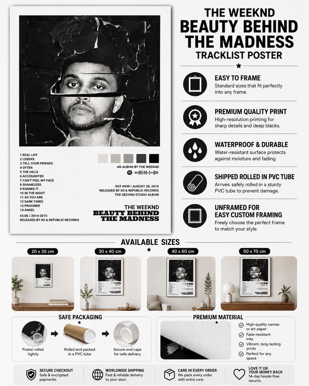 The Weeknd Beauty Behind the Madness Tracklist Wall Art Print - Premium Canvas , Music  Decor album cover poster print wall art decor