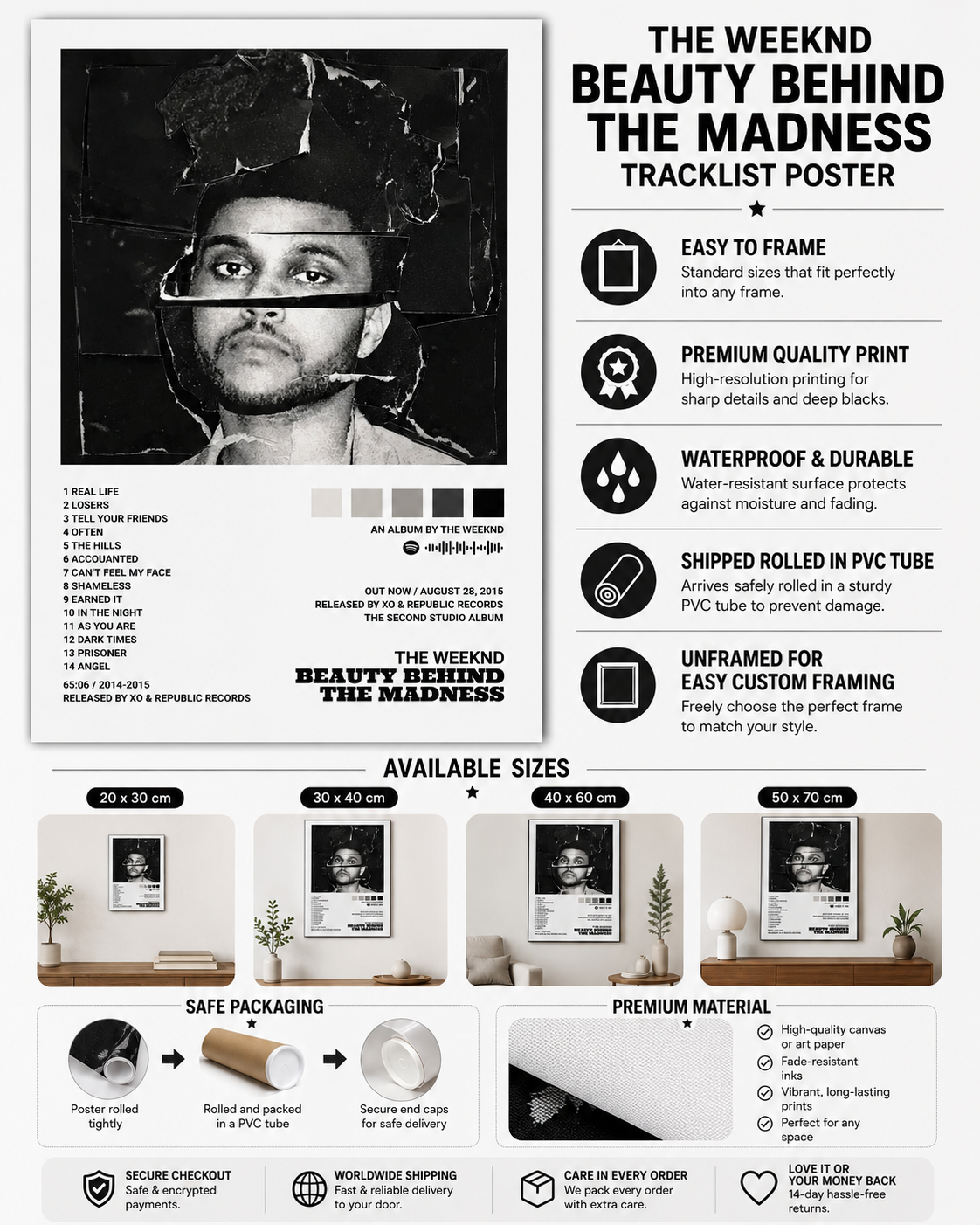The Weeknd Beauty Behind the Madness Tracklist  - Premium Canvas , Music  Decor album cover poster print wall art decor