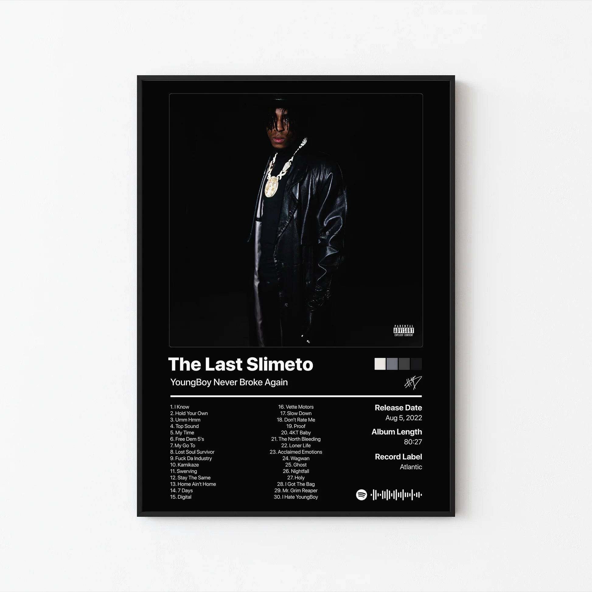 YoungBoy Never Broke Again The Last Slimeto 트랙리스트 포스터 | 프레임 없는 침실 벽 예술