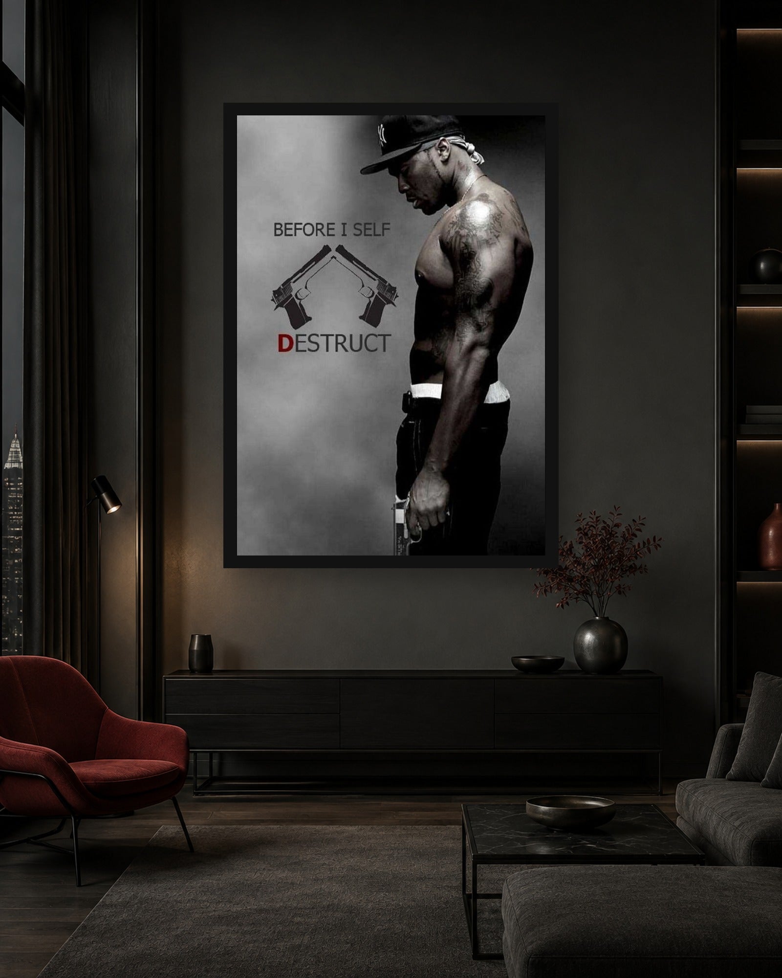50 Cent Before I Self Destruct Movie Poster styled in a coordinated room