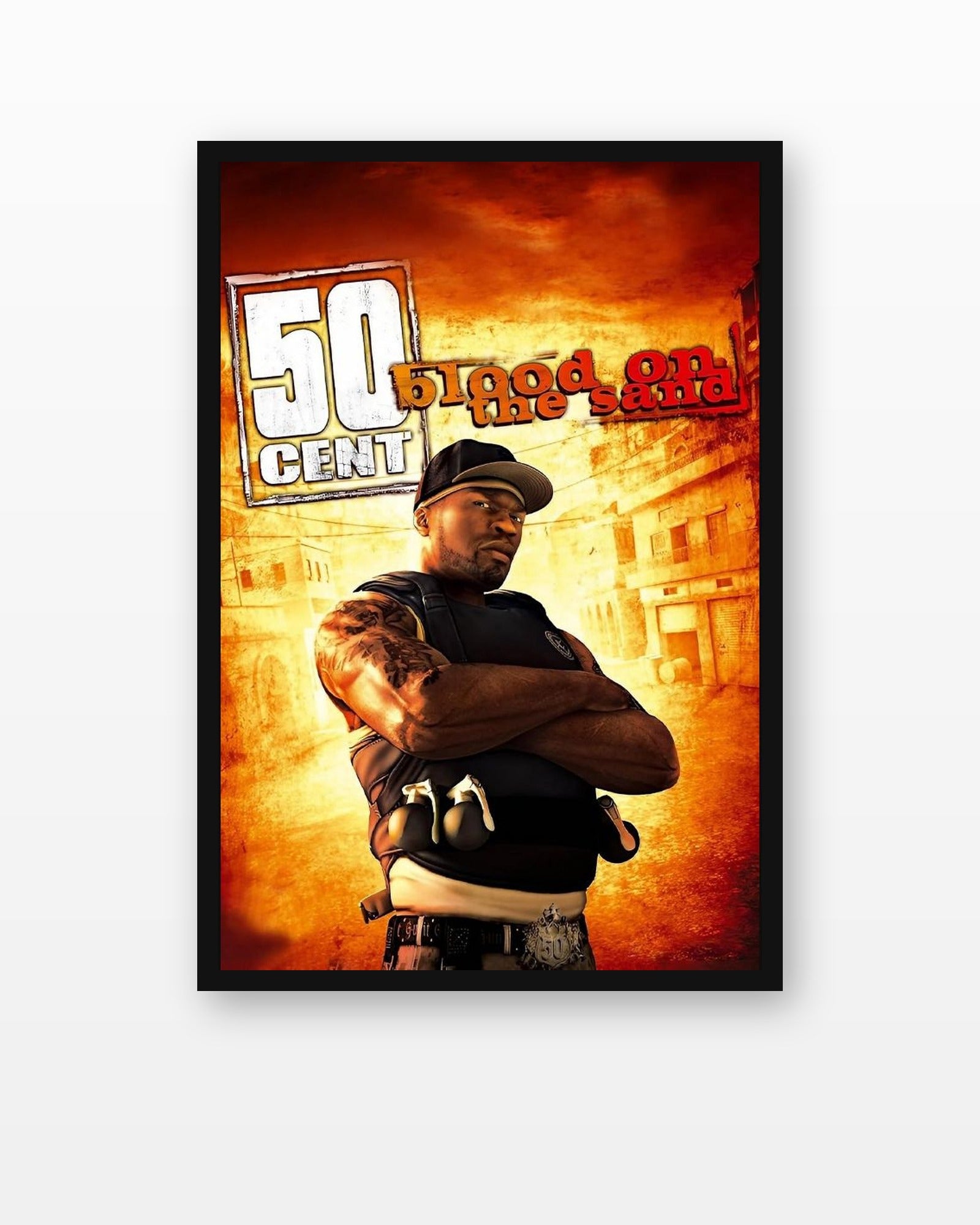 50 Cent Blood on the Sand Game Poster in a black frame on a white wall