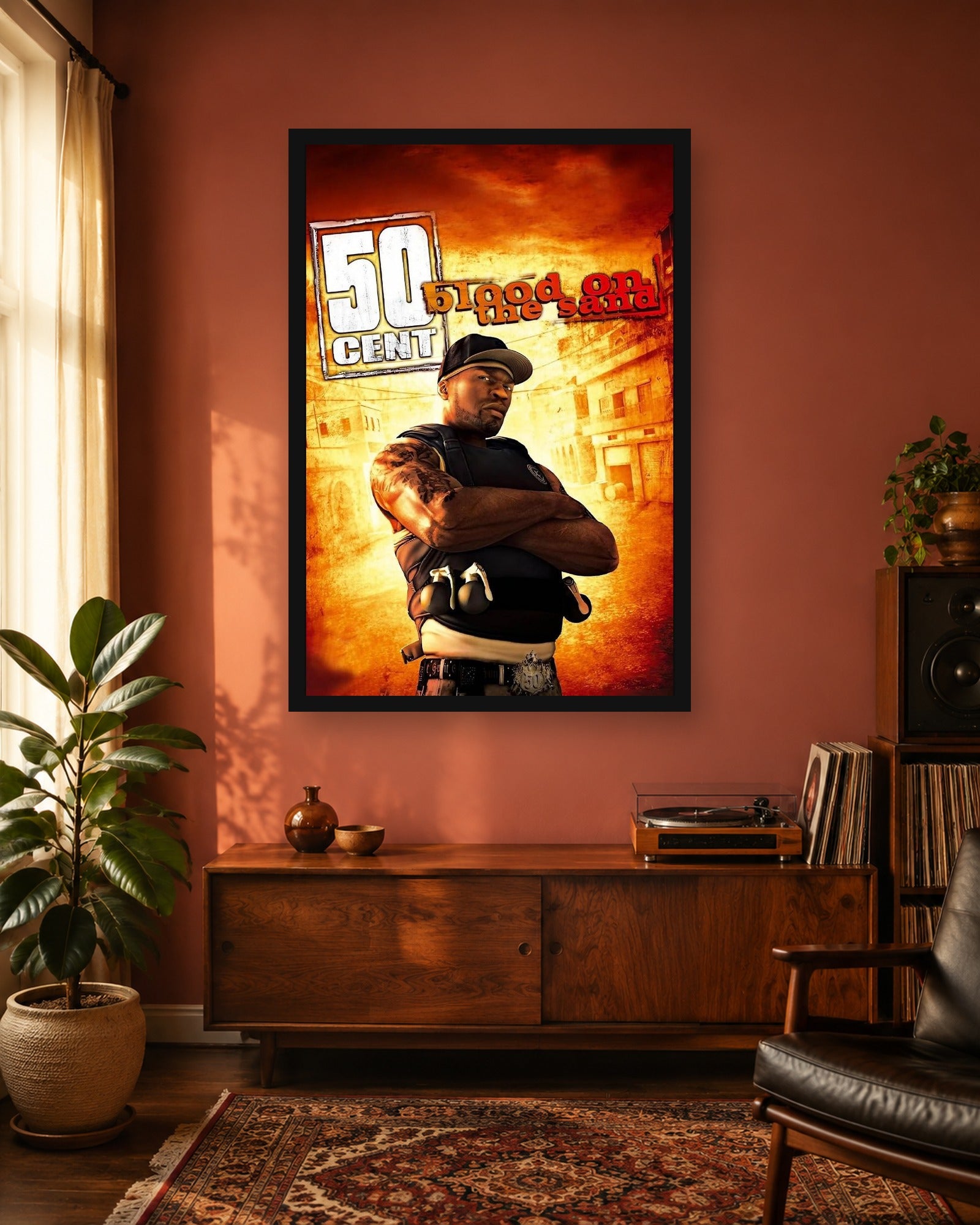 50 Cent Blood on the Sand Game Poster styled in a coordinated room