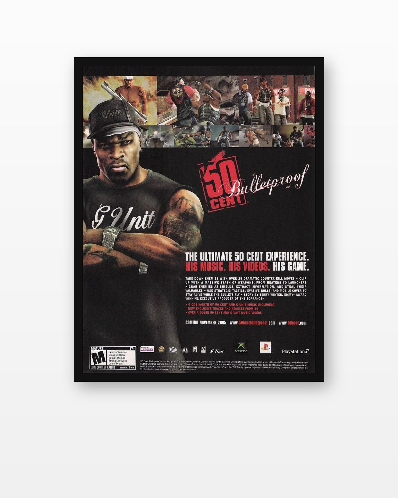 50 Cent Bulletproof Game Poster in a black frame on a white wall