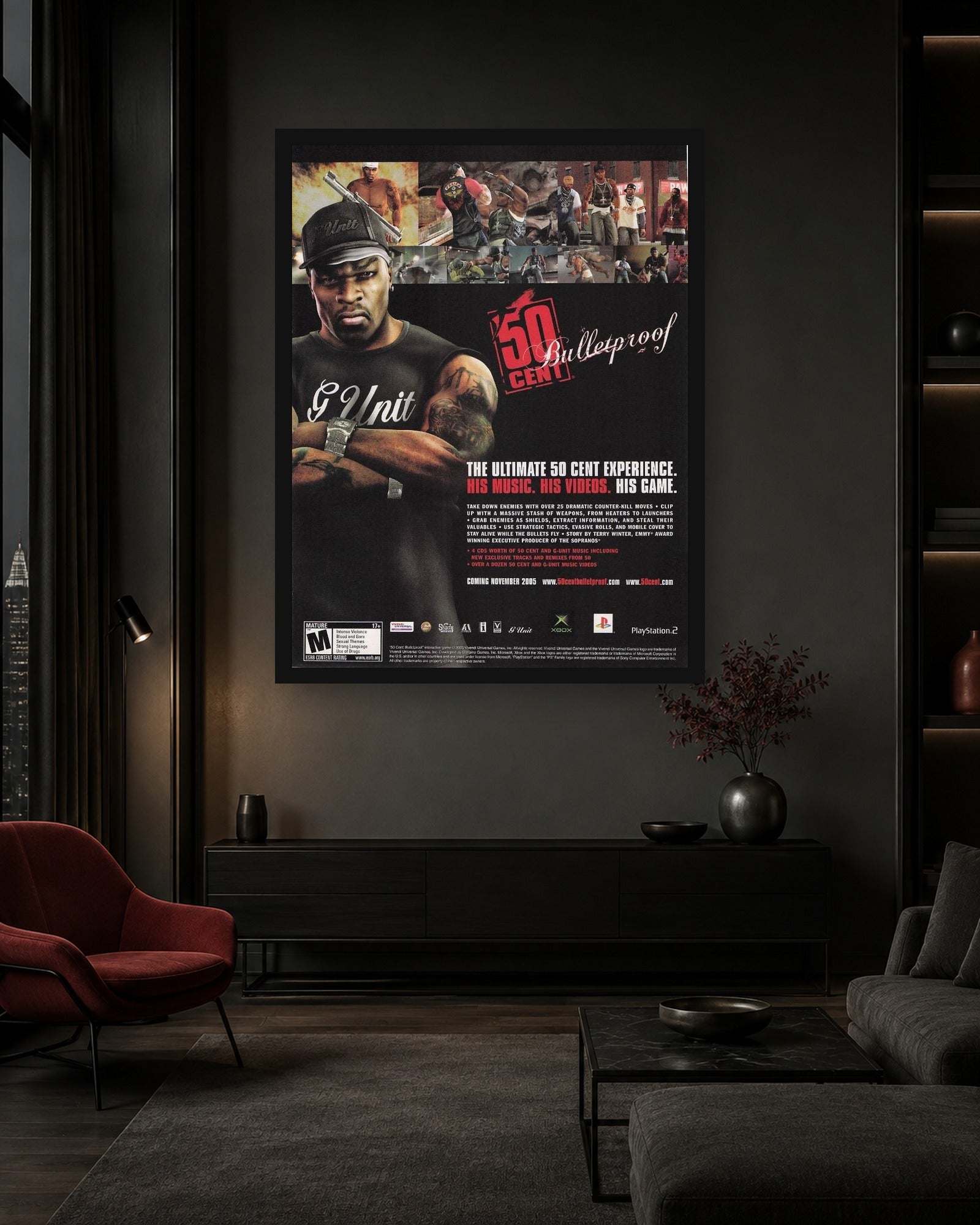 50 Cent Bulletproof Game Poster styled in a coordinated room