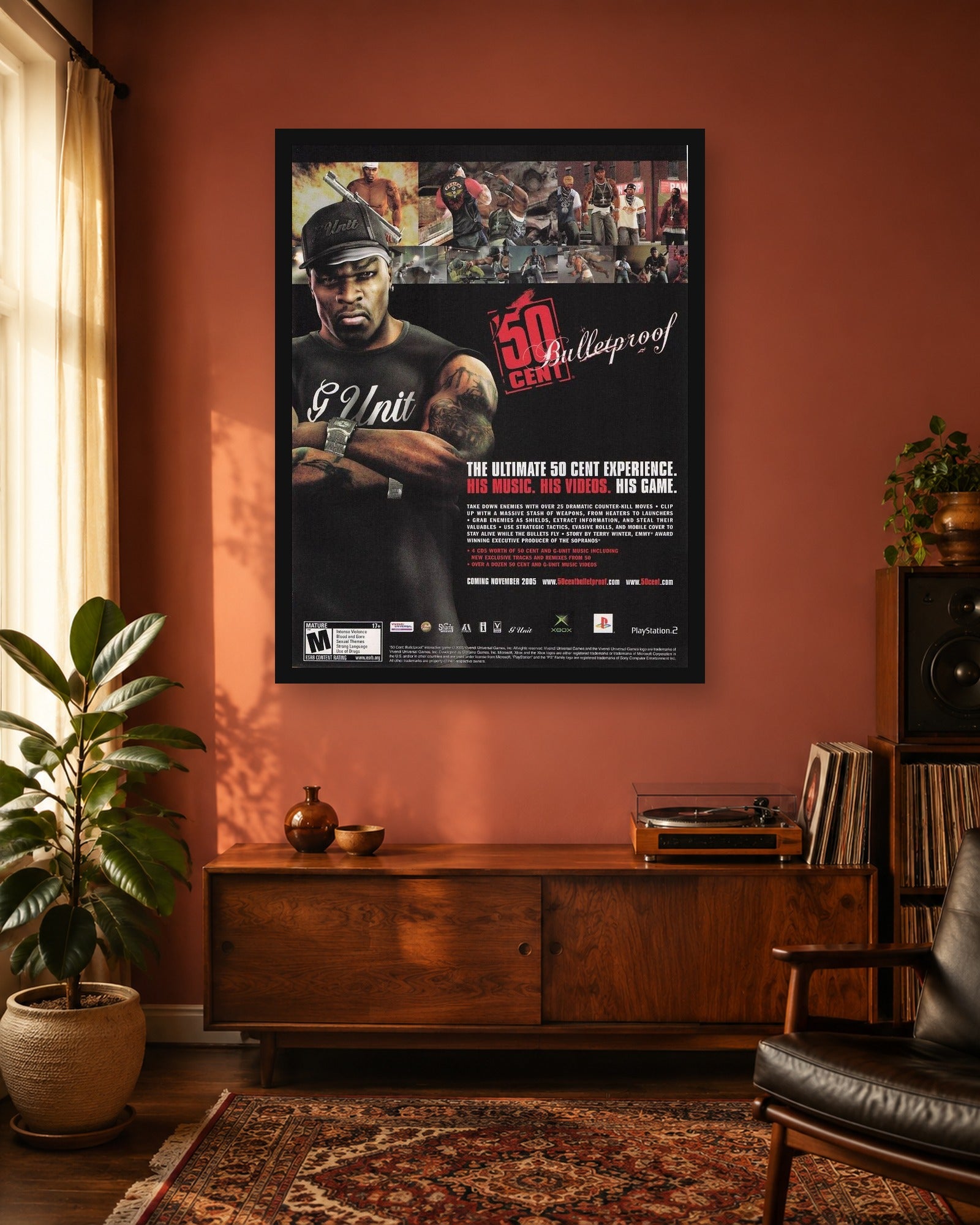 50 Cent Bulletproof Game Poster displayed in a second interior scene