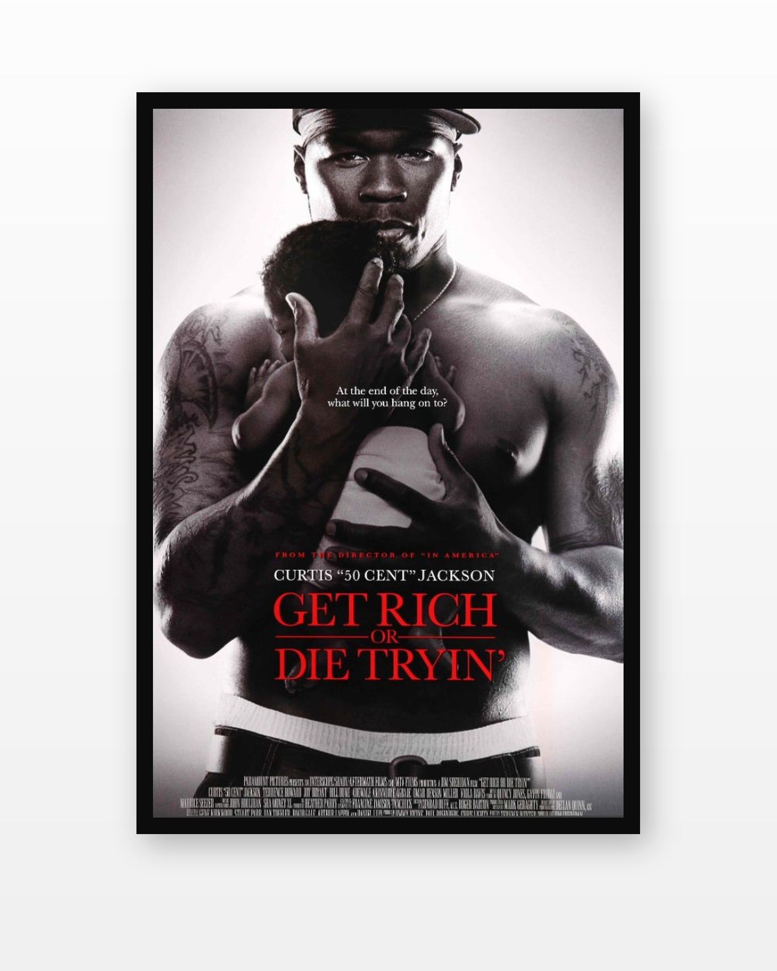 50 Cent Get Rich or Die Tryin Movie Poster in a black frame on a white wall