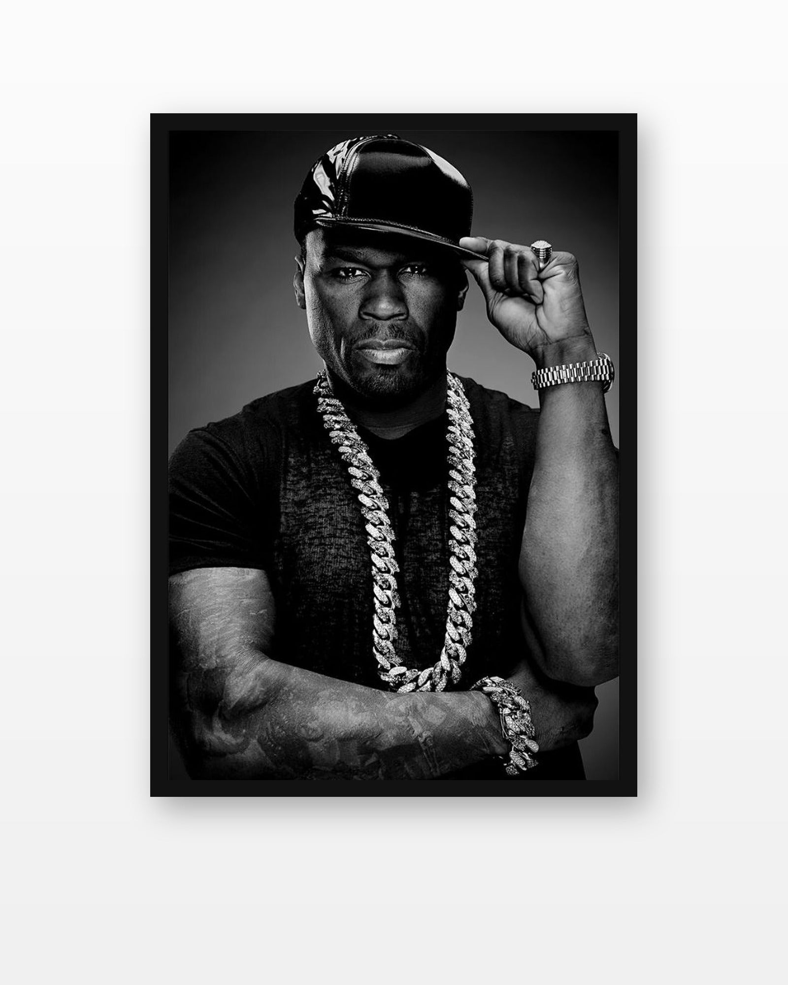 50 Cent Monochrome Chain Portrait Poster in a black frame on a white wall