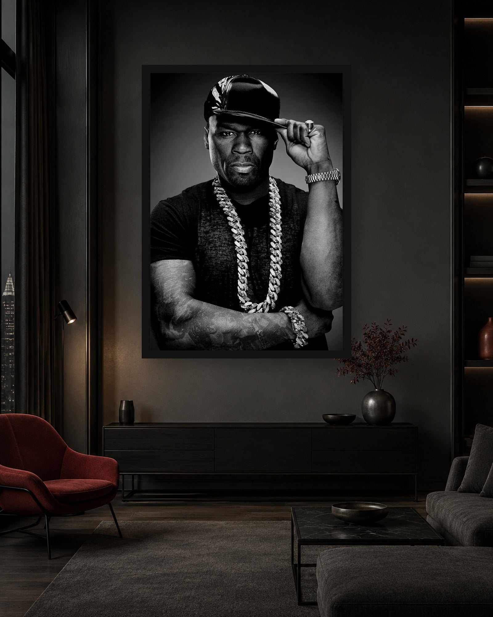 50 Cent Monochrome Chain Portrait Poster styled in a coordinated room