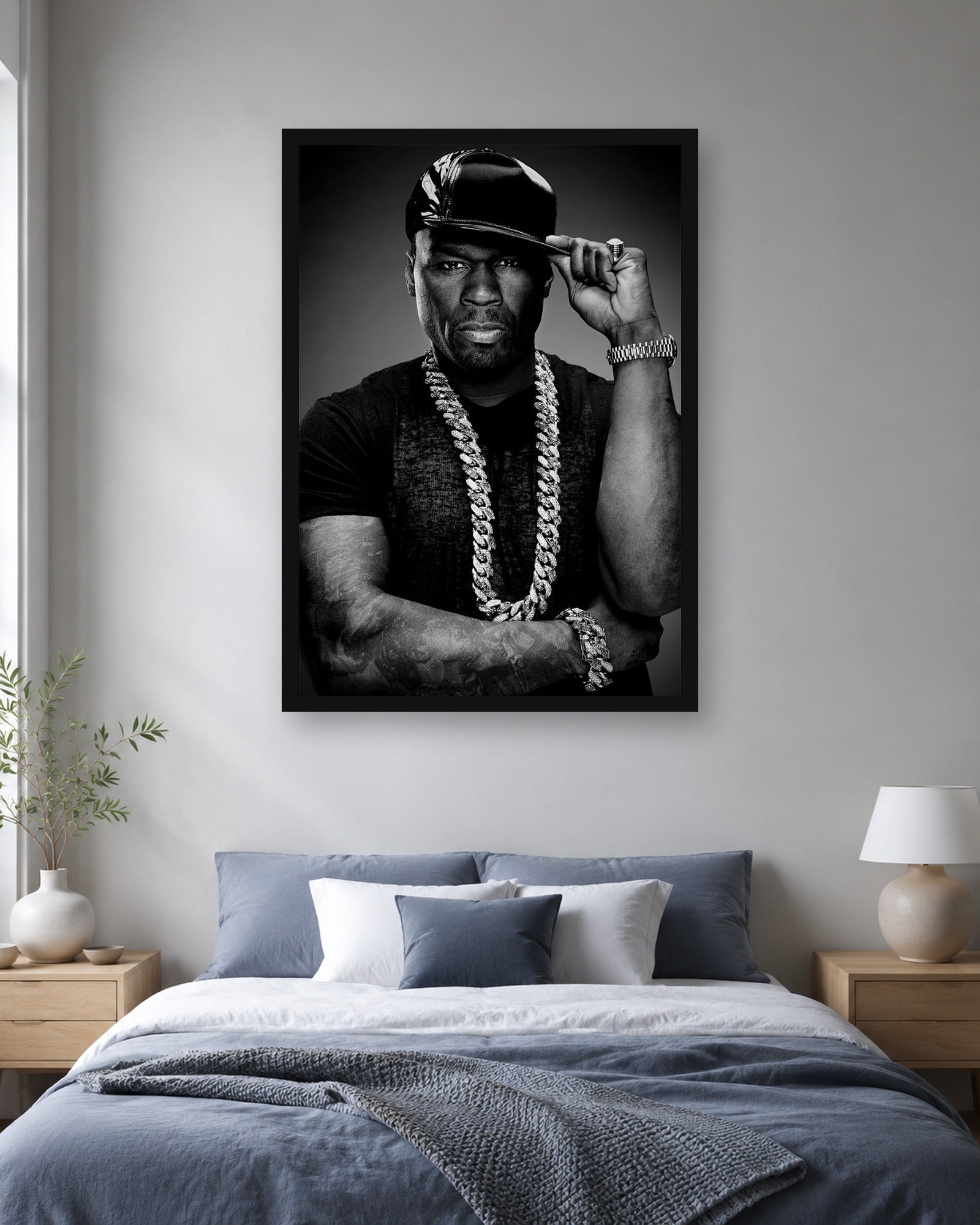 50 Cent Monochrome Chain Portrait Poster displayed in a second interior scene