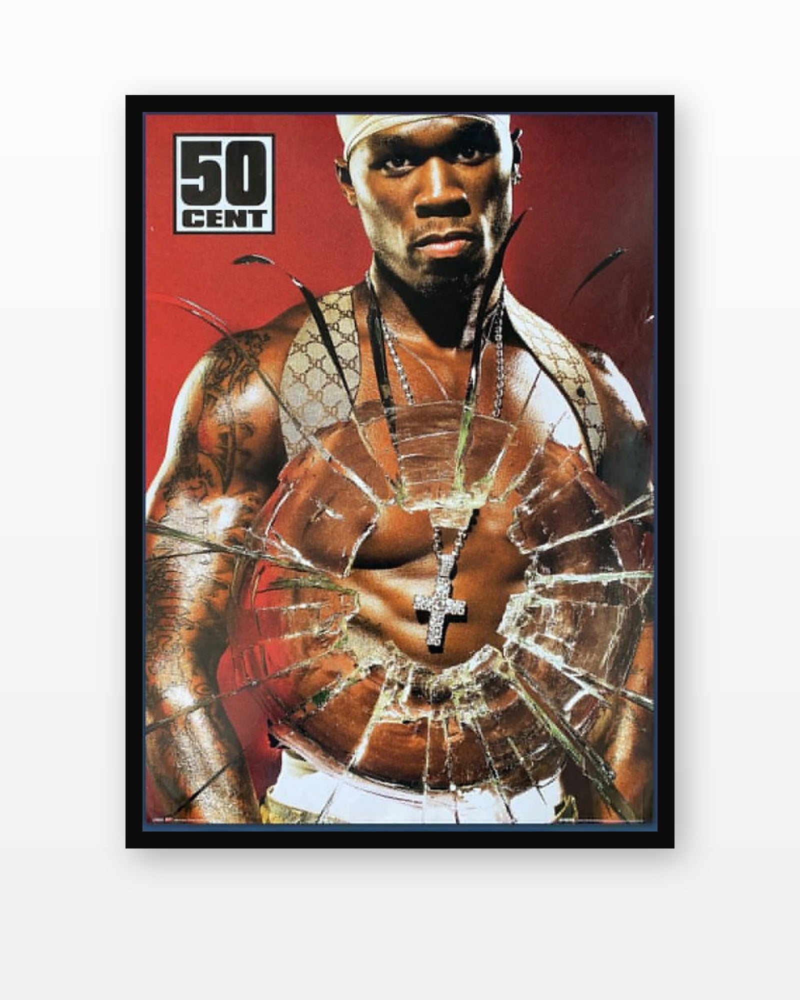 50 Cent Red Shattered Glass Promo Poster in a black frame on a white wall