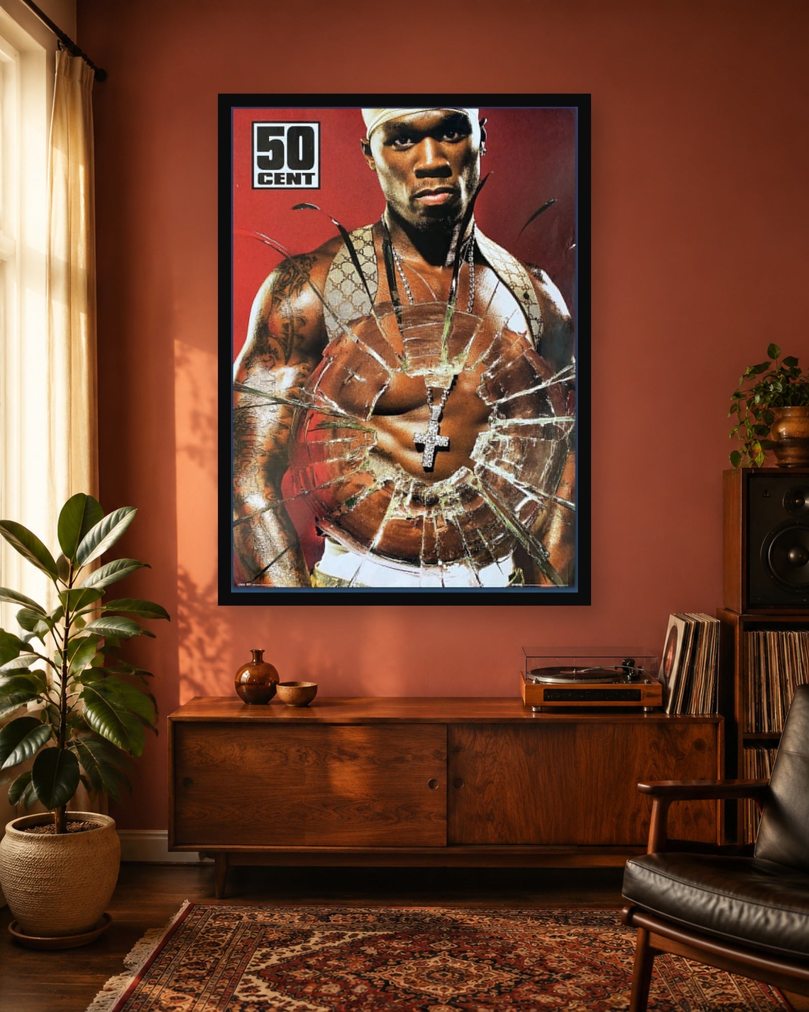 50 Cent Red Shattered Glass Promo Poster in a coordinated interior scene