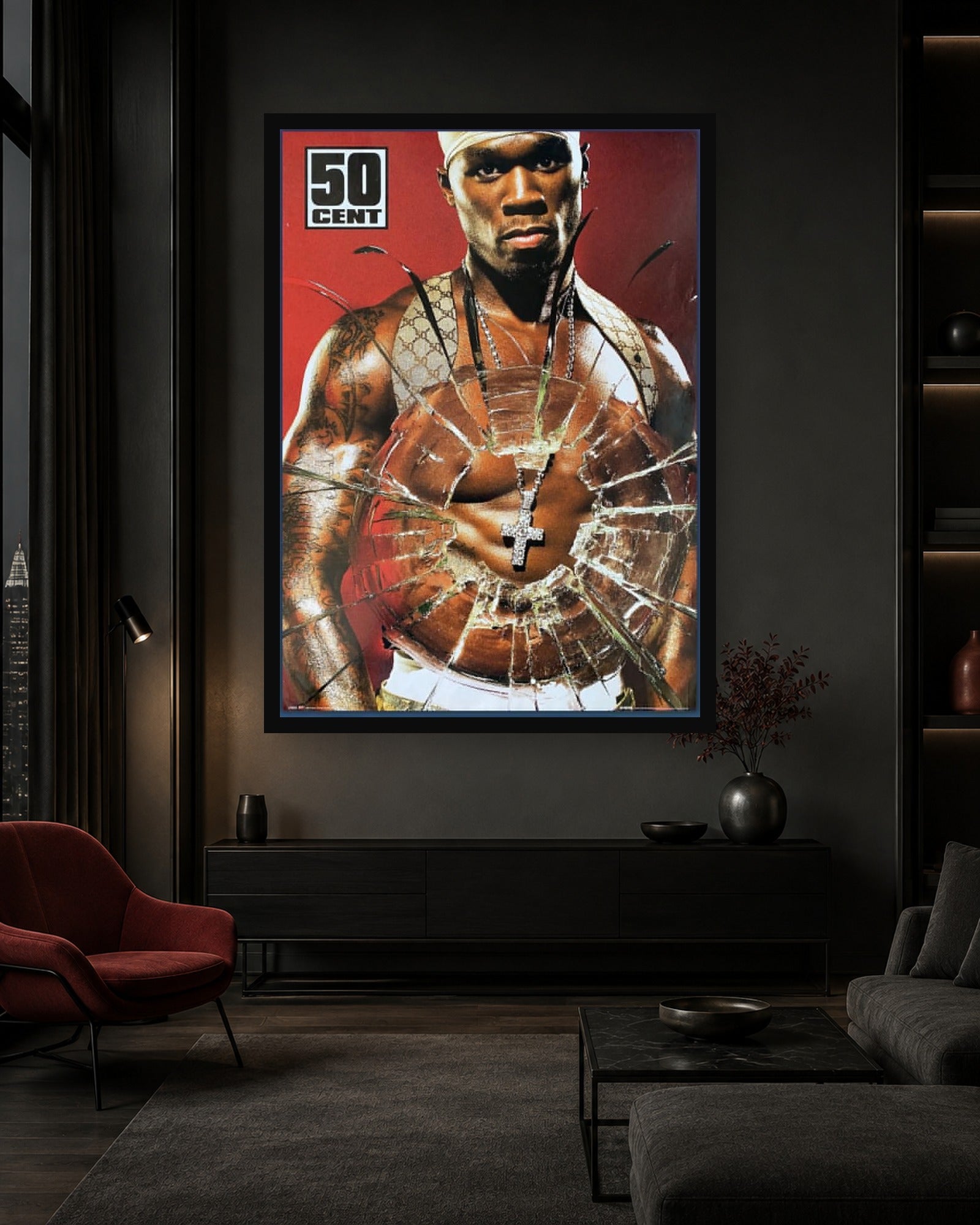 50 Cent Red Shattered Glass Promo Poster in a second color-matched room scene