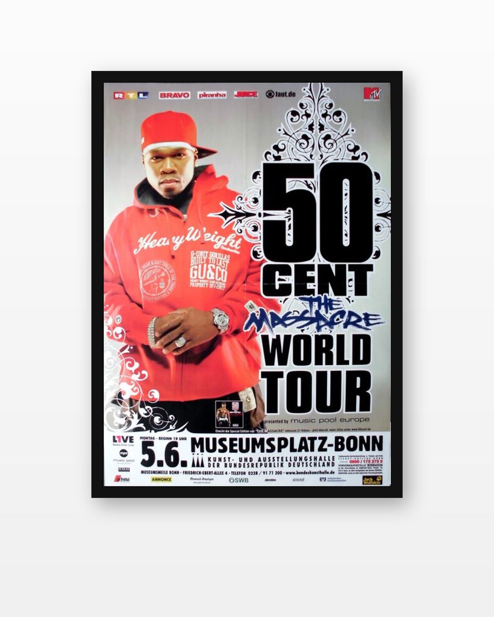50 Cent The Massacre World Tour Poster in a black frame on a white wall