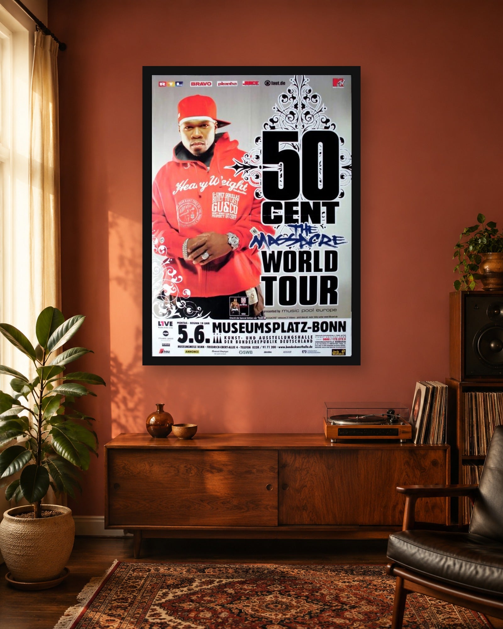50 Cent The Massacre World Tour Poster styled in a coordinated room