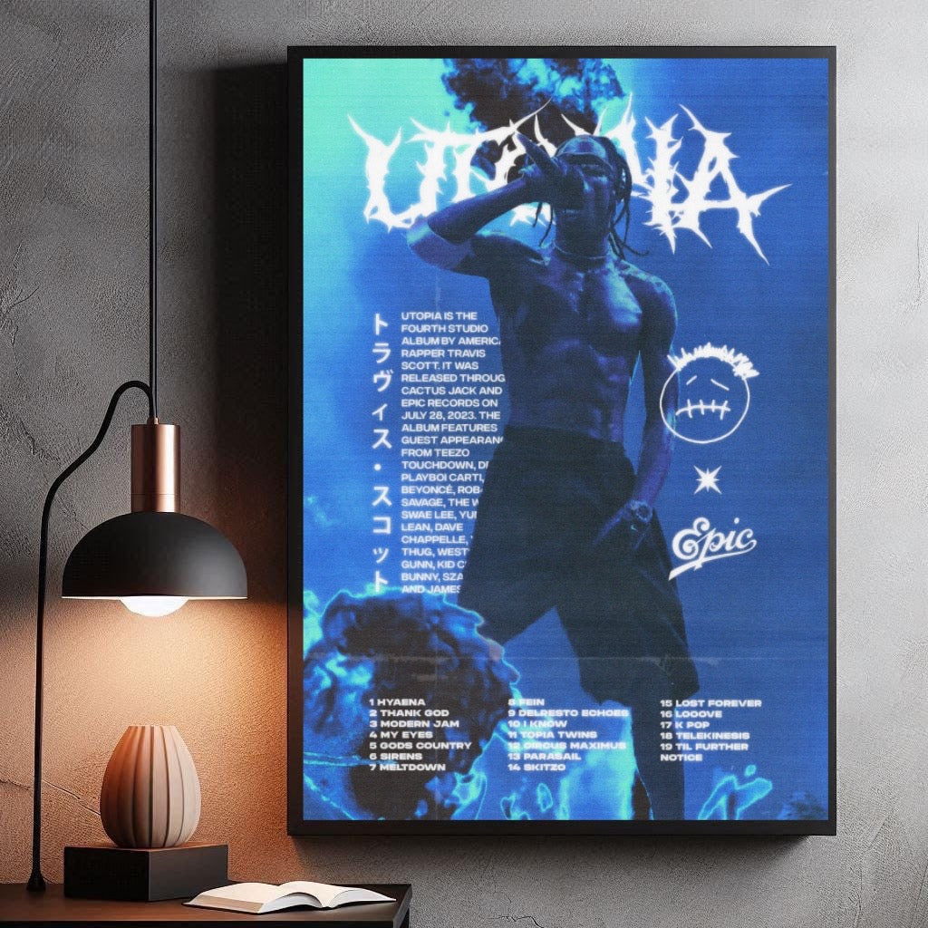 Travis Scott Utopia Tracklist  Blue Neon Edition album cover poster print wall art decor