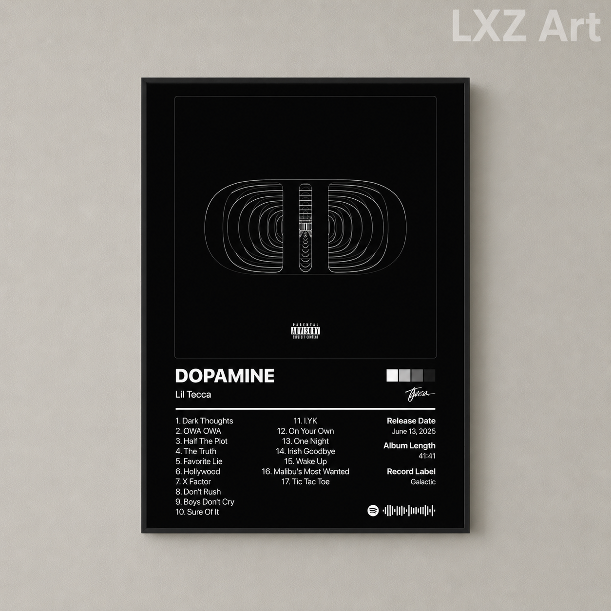 Lil Tecca Dopamine Tracklist Poster | Unframed Bedroom Wall Art