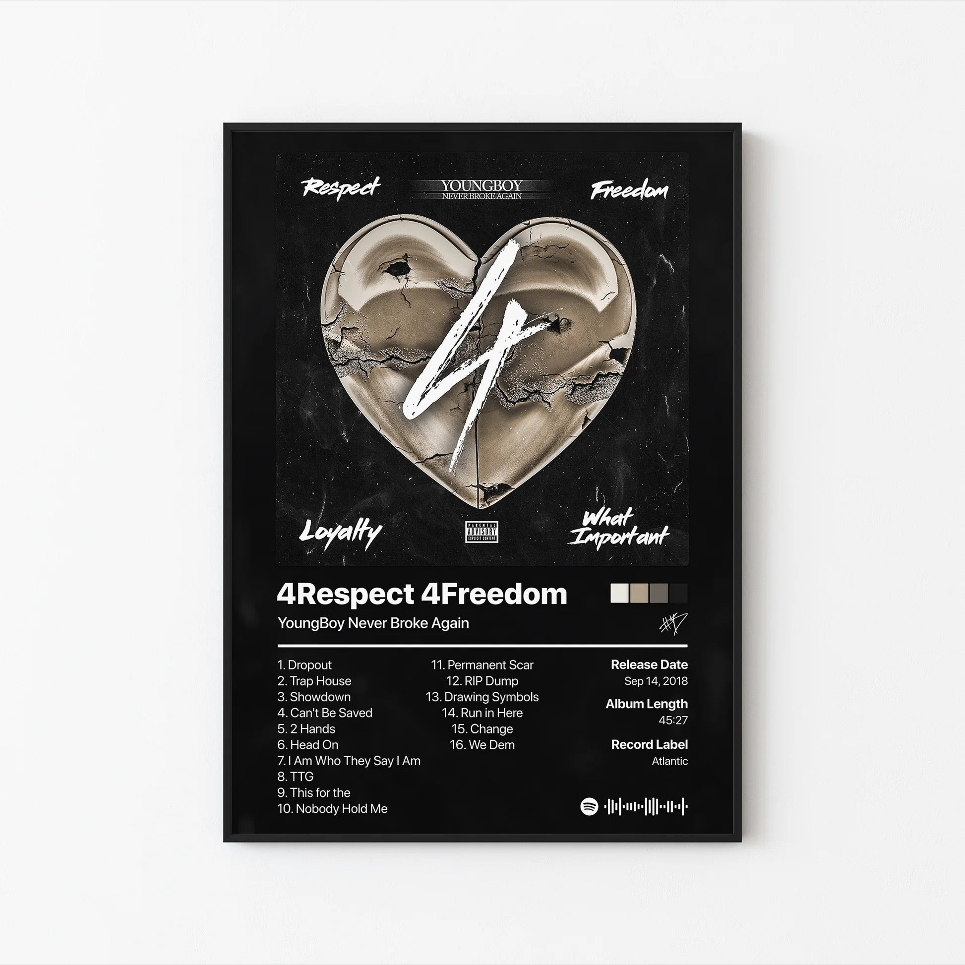 YoungBoy Never Broke Again 4Respect 4Freedom 트랙리스트 포스터 | 프레임 없는 침실 벽 예술