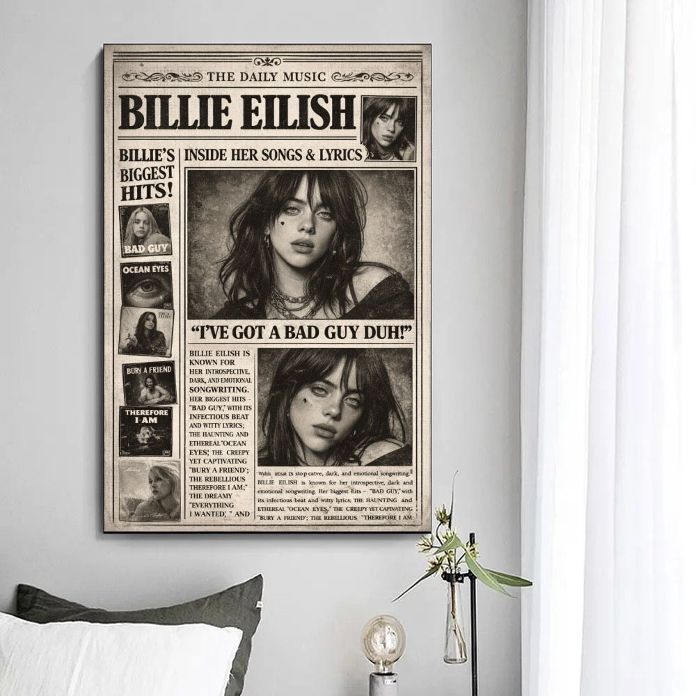 Billie Eilish Vintage Newspaper Style  Waterproof Non-woven Decor album cover poster print wall art decor