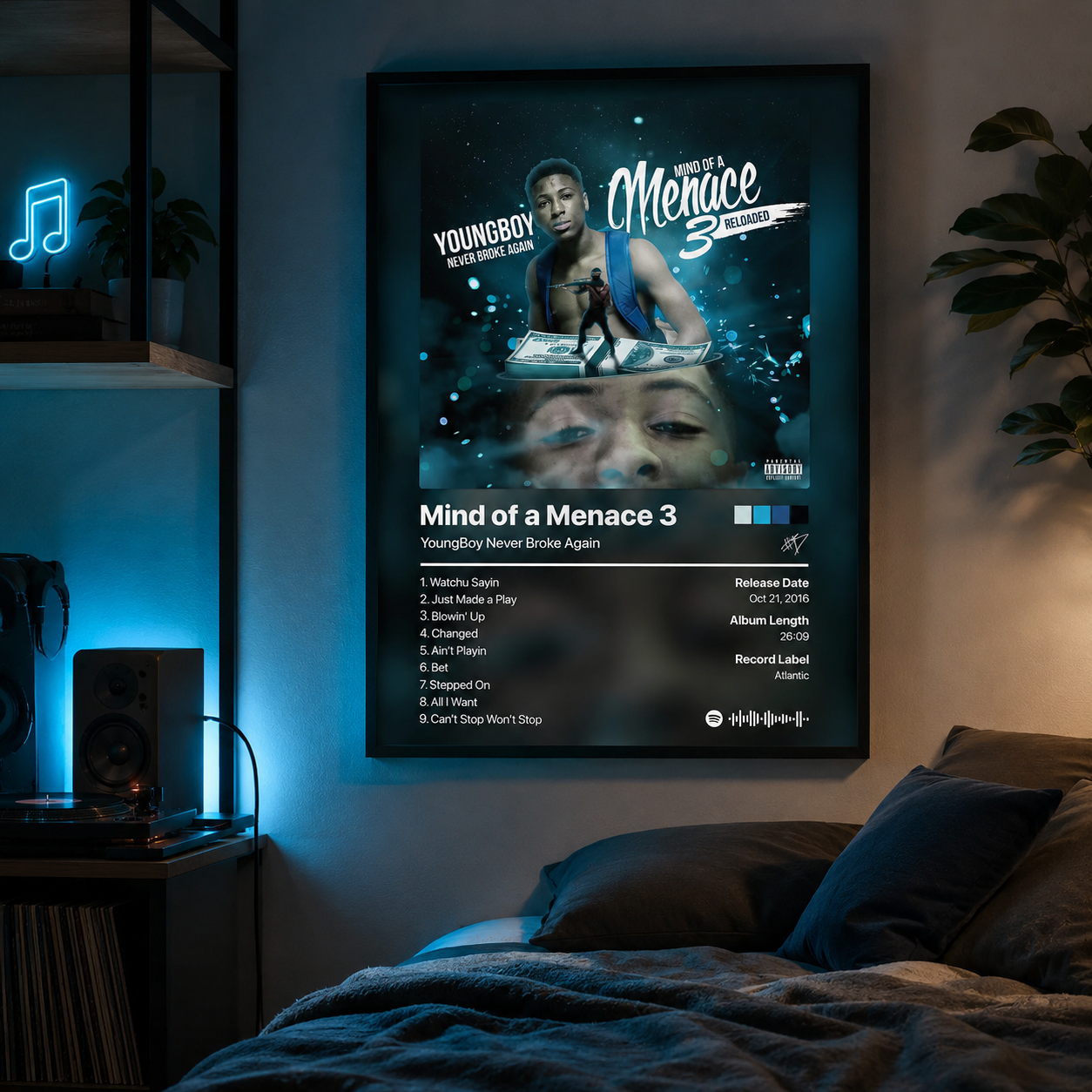 YoungBoy Never Broke Again Mind of a Menace 3 Tracklist Poster | Unframed Bedroom Wall Art