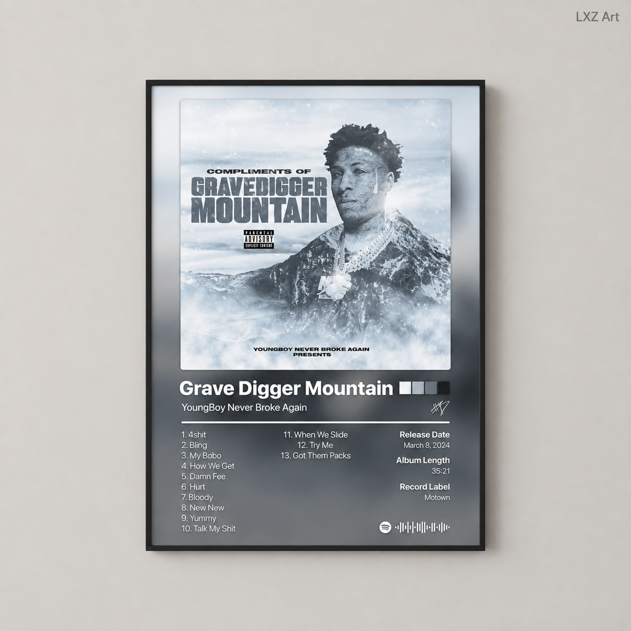 YoungBoy Never Broke Again Grave Digger Mountain Tracklist Poster | Unframed Bedroom Wall Art