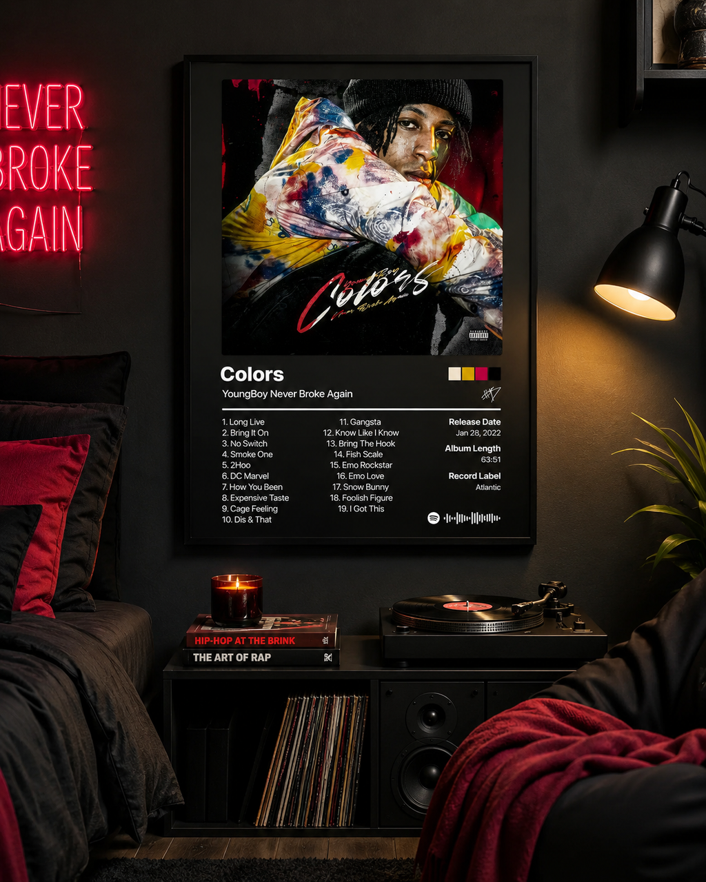 YoungBoy Never Broke Again Colors Tracklist  | Unframed Bedroom Wall Art album cover poster print wall art decor