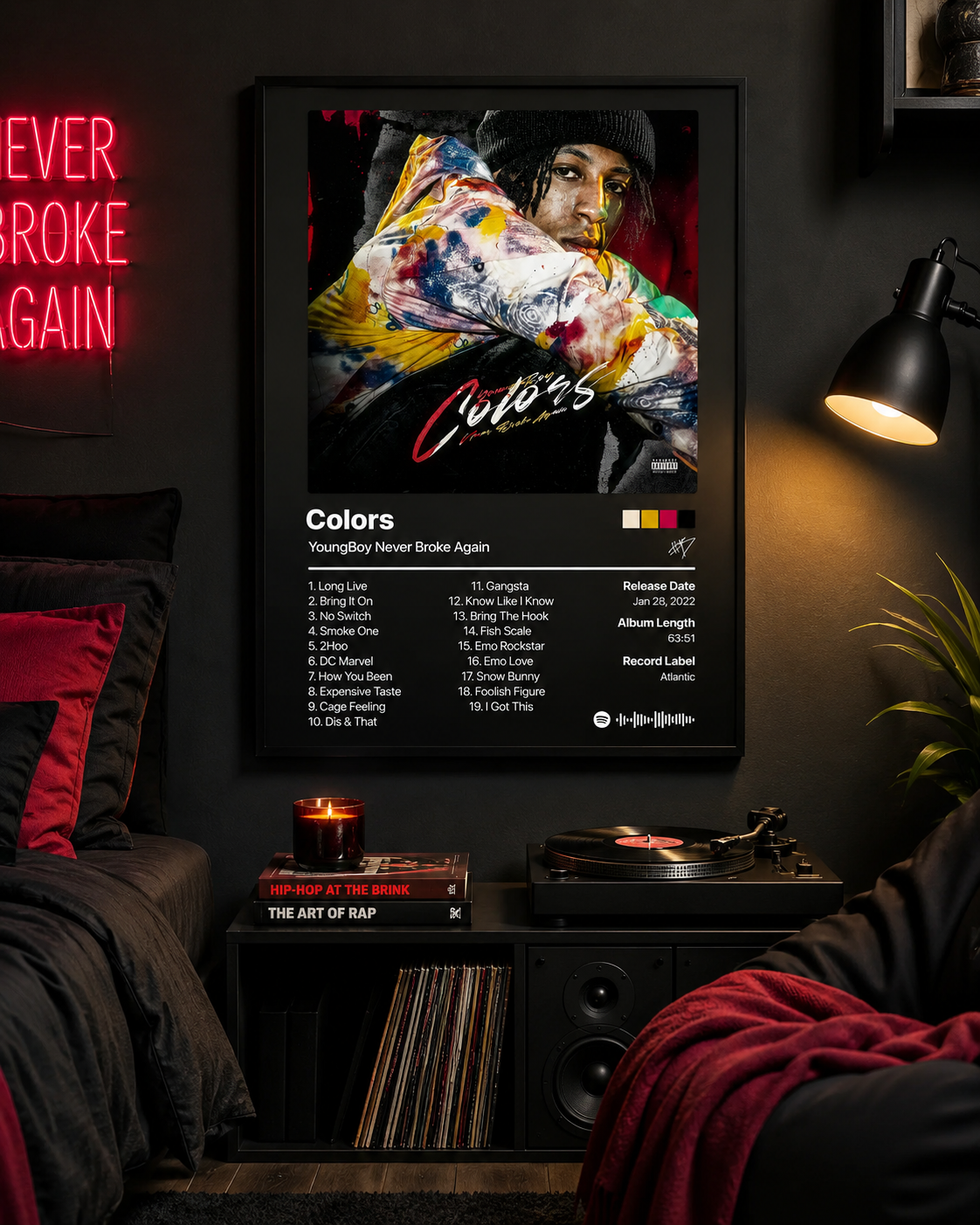 YoungBoy Never Broke Again Colors Tracklist | Unframed Bedroom album cover poster print wall art decor