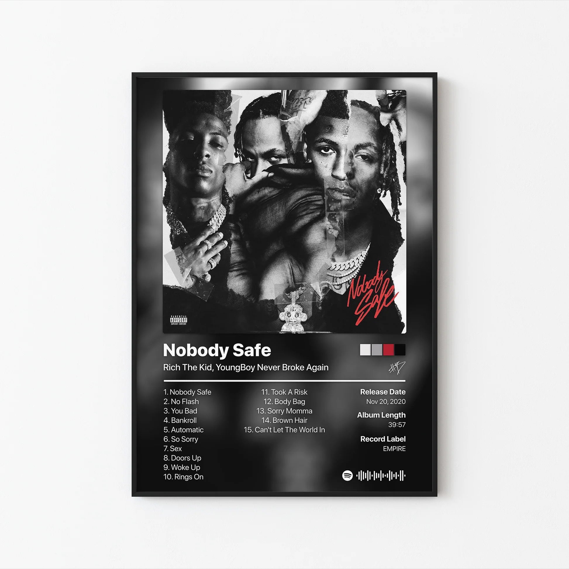 Rich The Kid & YoungBoy Never Broke Again Nobody Safe 트랙리스트 포스터 | 프레임 없는 침실 벽 예술