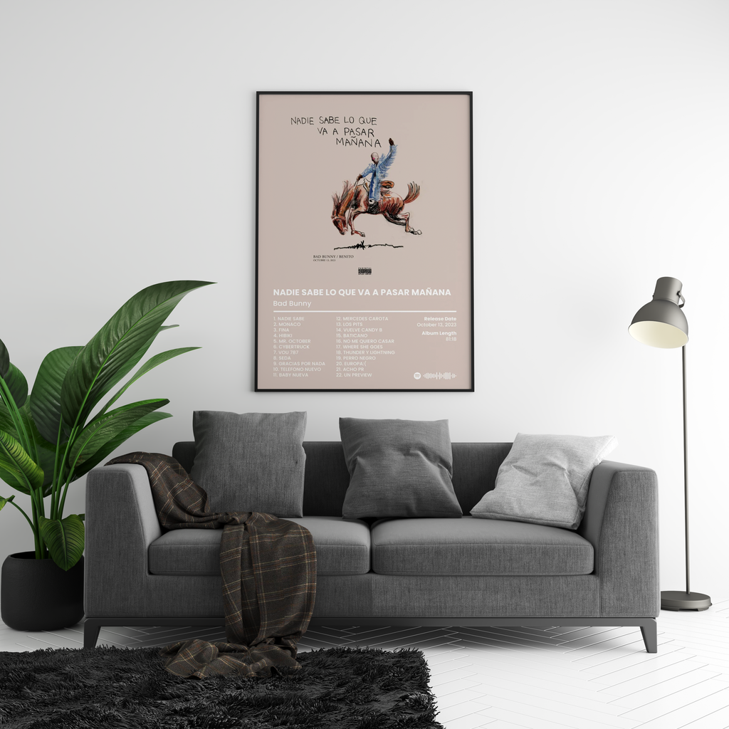 Bad Bunny Nadie Sabe Lo Que Va A Pasar Mañana  Tracklist  | Unframed Latin Trap Wall Art album cover poster print wall art decor