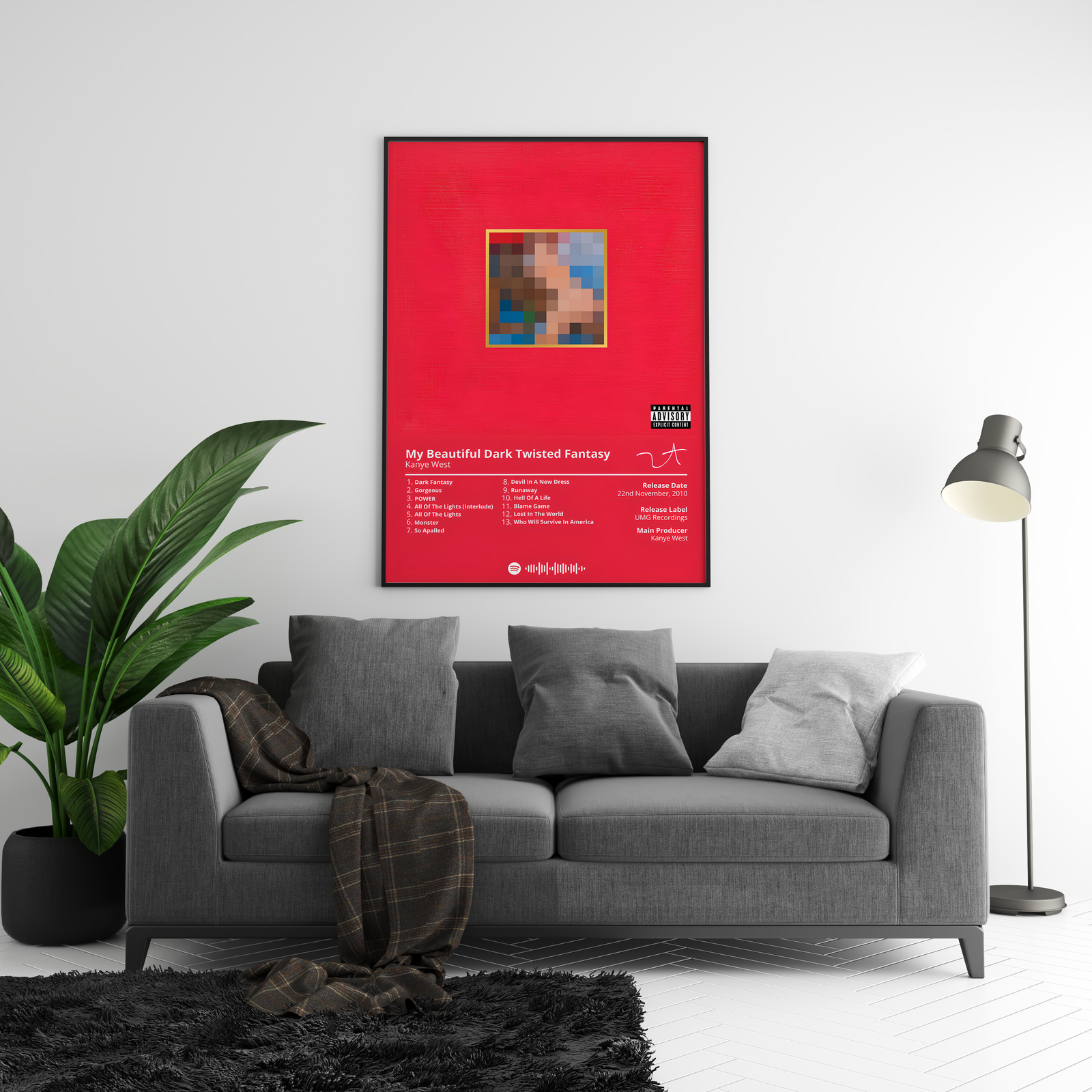 Kanye West My Beautiful Dark Twisted Fantasy  Tracklist  | Unframed Hip Hop album cover poster print wall art decor