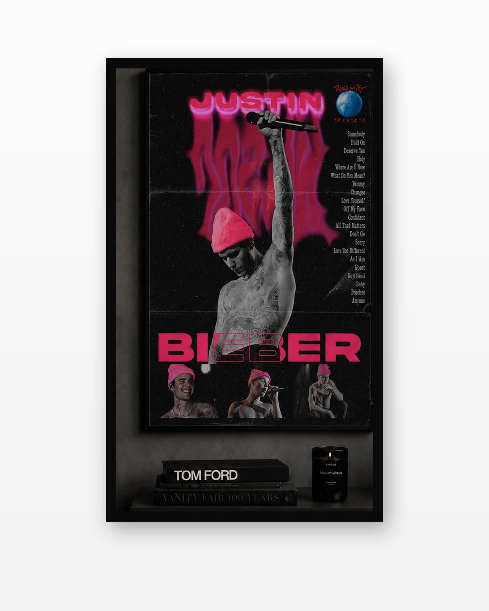 Justin Bieber Wall Art Print in a black frame on a white wall