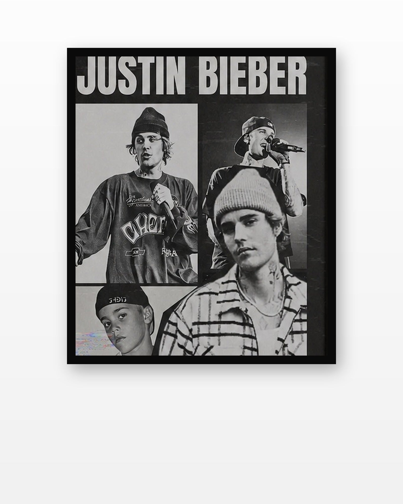 Justin Bieber Vintage Collage Wall Art Print in a black frame on a white wall