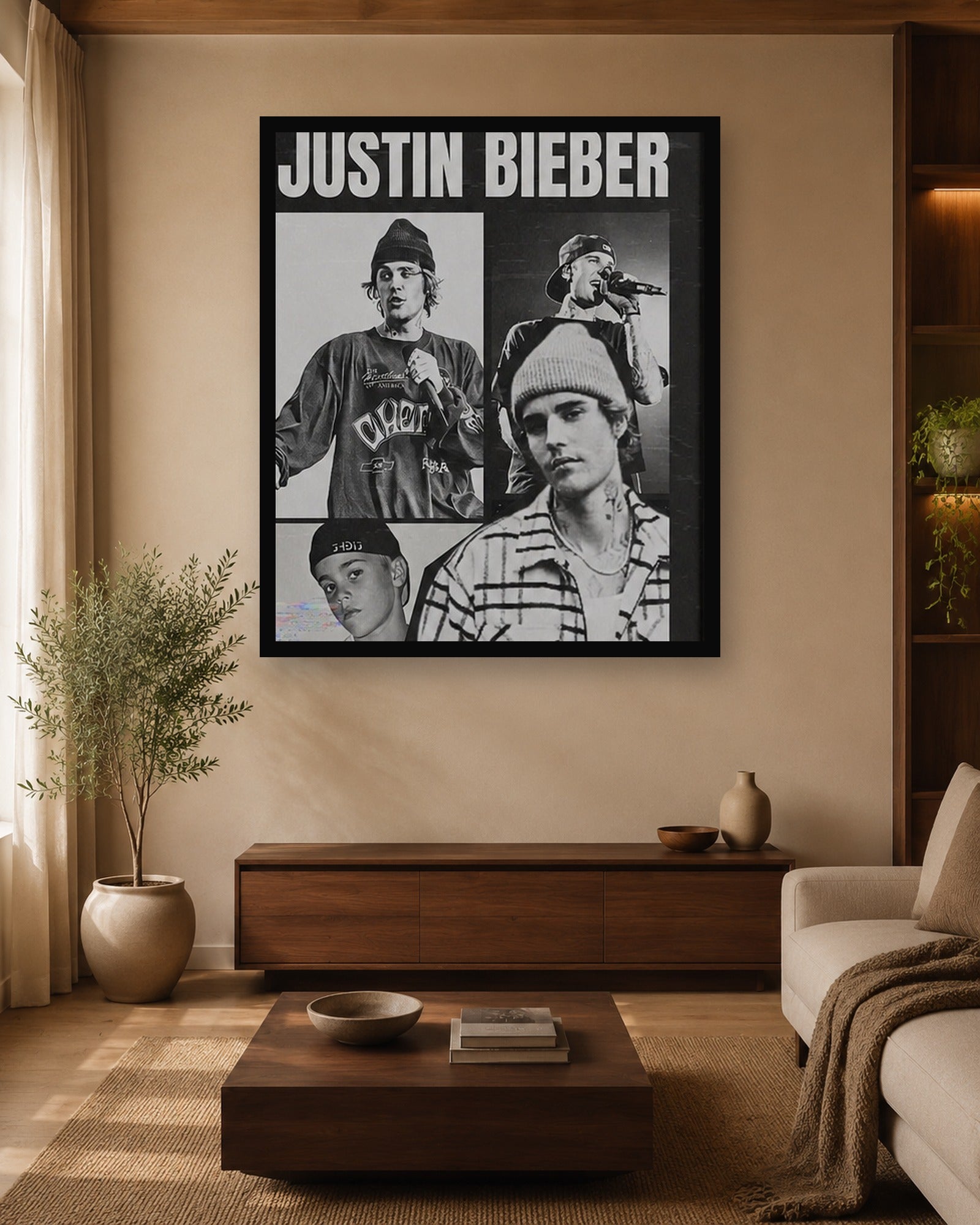 Justin Bieber Vintage Collage Wall Art Print in a color-matched room scene