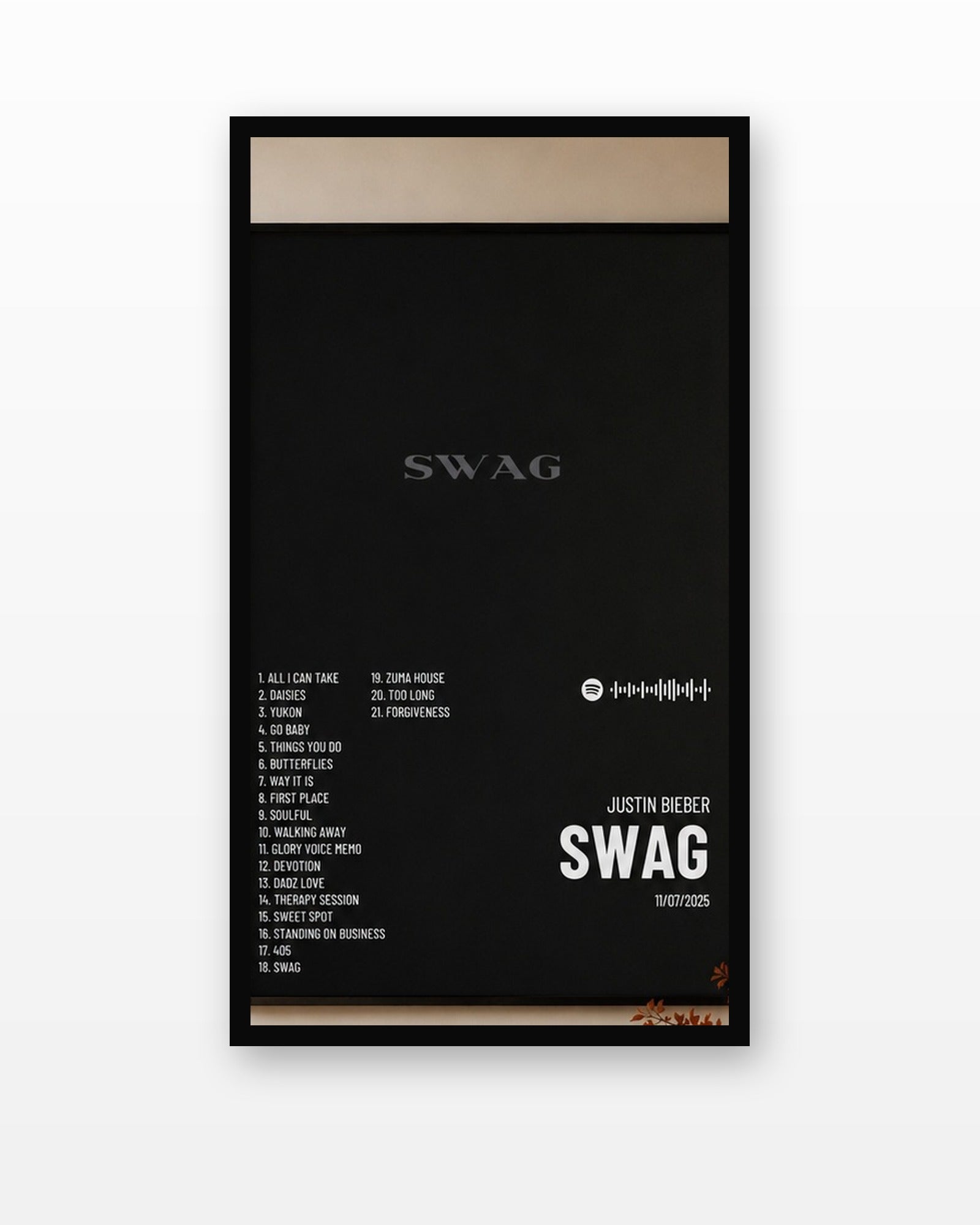 Justin Bieber SWAG Album Poster in a black frame on a white wall